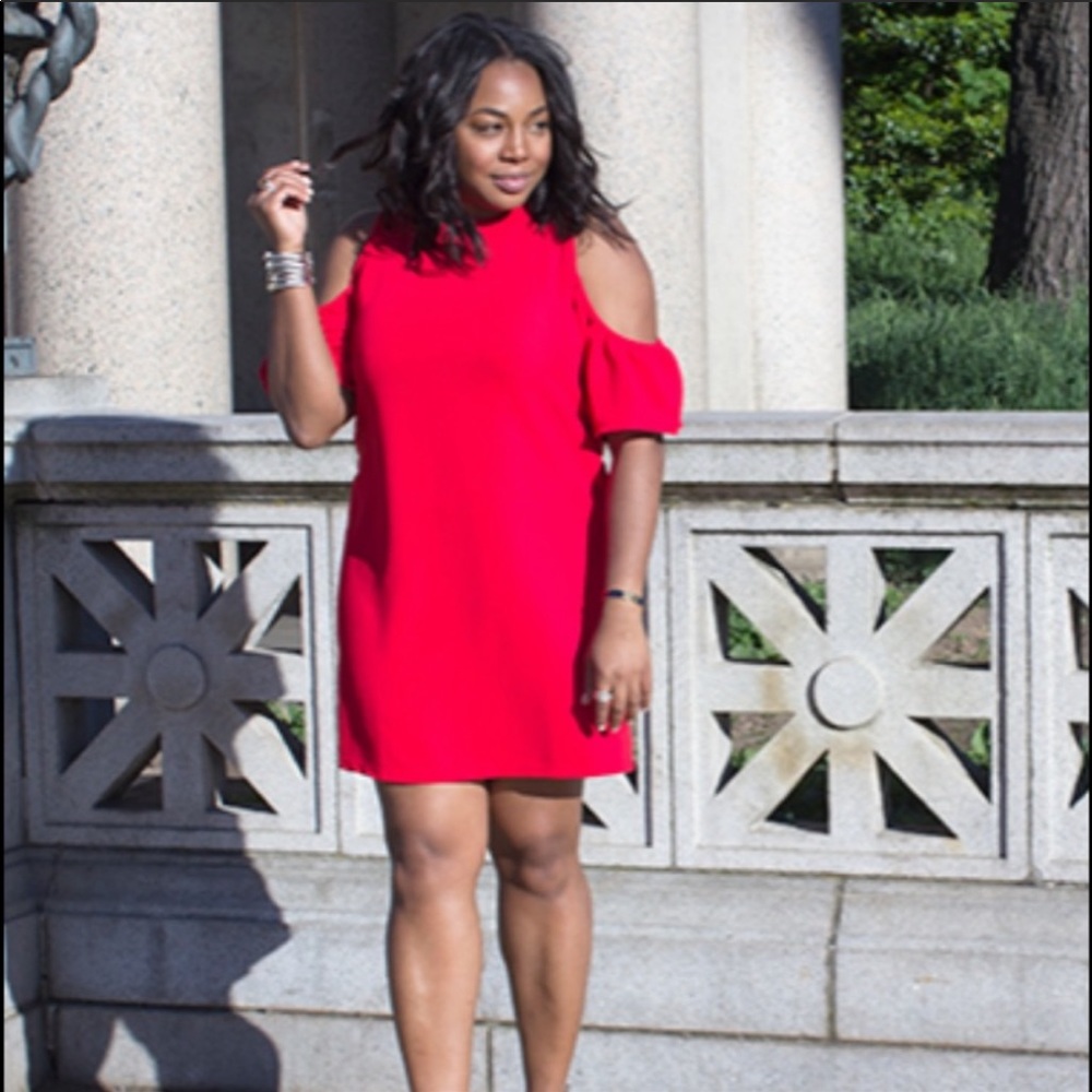 Zara Ruffle Cold Shoulder Dress- Red - Picture 4 of 7